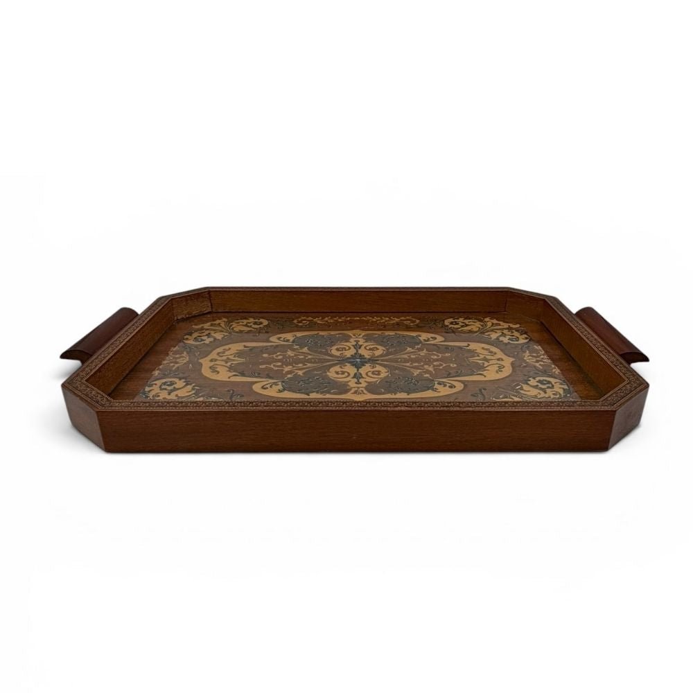 Tray with inlaid wooden design, wood veneer & glass protection - Florrie