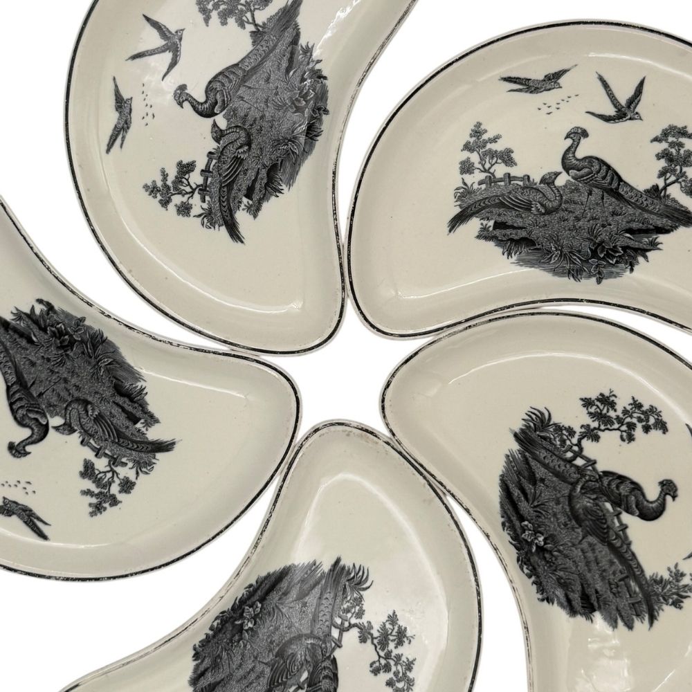 Wedgwood Etruria bone dish with classic 'Liverpool Birds' black transferware design c.1900-1924 (set of 5) - approx. 24X15.5cm - Florrie
