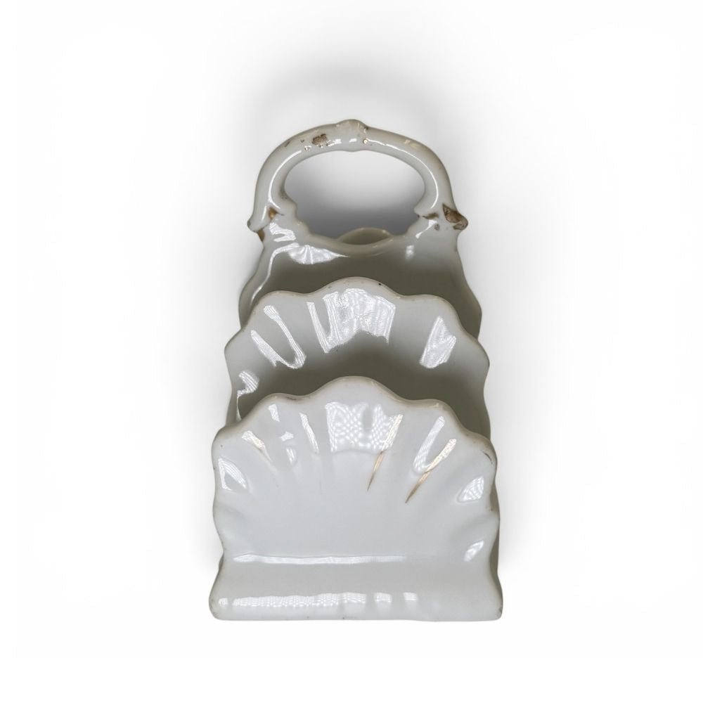White ceramic toast _ letter rack with shell motif c.1930-50s - Florrie